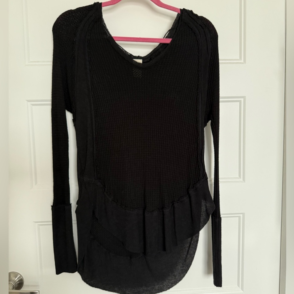 Free People Black Textured Long Sleeve Top